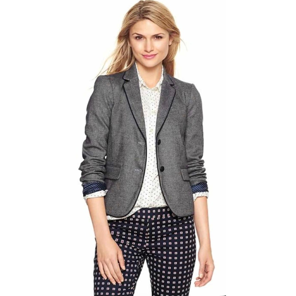 Gap The Academy Blazer‎ Womens 6 Tall Grey Navy Elbow Patches Piped Trim Crest